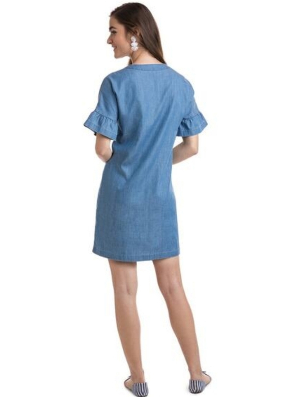 NWT Vineyard Vines "Chambray Flutter Sleeve Lace Up Dress" Blue, Women's Size 0 - Picture 2 of 9